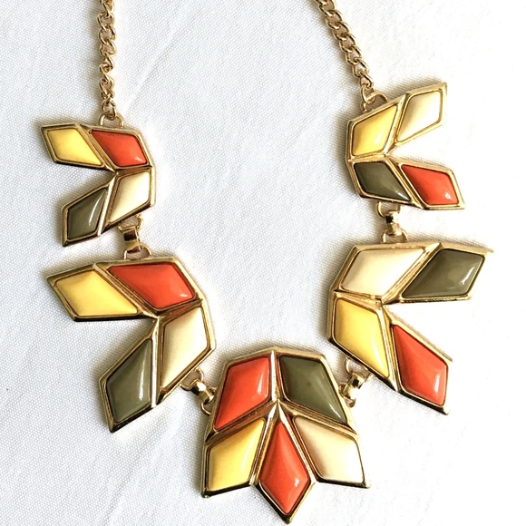 3/$30! Geometric Orange Yellow Olive Bib Necklace - Picture 3 of 5